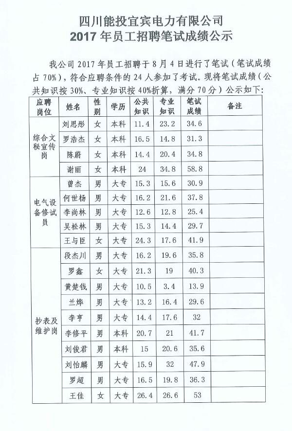 四川能投宜賓電力有限公司2017年員工招聘筆試